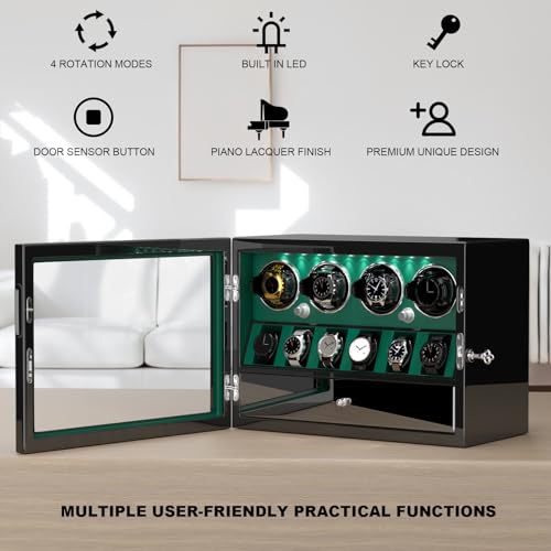 DUKWIN Watch Winder for 2/4/6/8 Automatic Watches with Key Lock, 3/6 Extra Watch Storages,4 Rotation Modes, LED Light, Super Quiet Motor, Spring Watch Pillows for Men＆Women