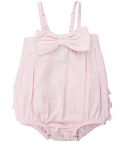 RuffleButts Infant / Toddler Girls Pink Striped Seersucker Bubble Romper w/ Bow - Pink Seersucker - 12-18m
