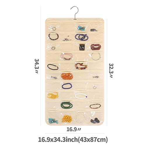 DIOMMELL 80 Pockets Hanging Jewelry Organizer for Women, Storage Bag for Earrings Necklace Bracelet Ring Accessory Display Holder, Beige