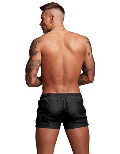 TONLEN Mens Swimwear Sports Shorts Swim Trunks with Zipper Pockets Black L - Thumbnail 4