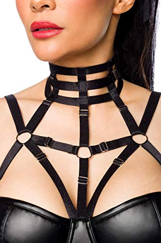 Frauen Erotisches Damen Bänderoutfit aus Mini-Kleid ausgestellt und Ösen in Wetlook schwarz Harness Set elastisch – Bild 5