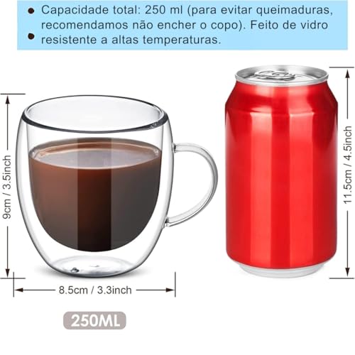 kit 6 xicara de café de vidro transparente conjunto de canecas de cha de vidro isolado de parede dupla com alça 250 ml para café expresso latte