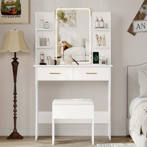 DAYONG Makeup Vanity Desk with LED 3-Colour Mirror, Vanity Dressing Table with 2 Drawers and Open Shelves, Vanity Table Set with Cushioned Stool for Bedroom, 80x140cm (White)