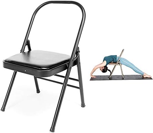 Yoga Chair Head Stand, Reinforced Folding Yoga Chair,Steel Pipe Yoga Chair Auxiliary Tool, Faux Leather Brown/Black Yoga Chair, Foldable Yoga Backless Standard Prop Practice Asana Activity,Black-A