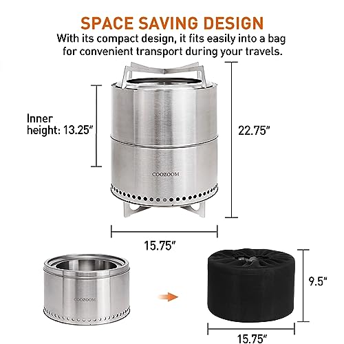 COOZOOM 15 Inch Large Smokeless Fire Pit with Stand Portable Stainless