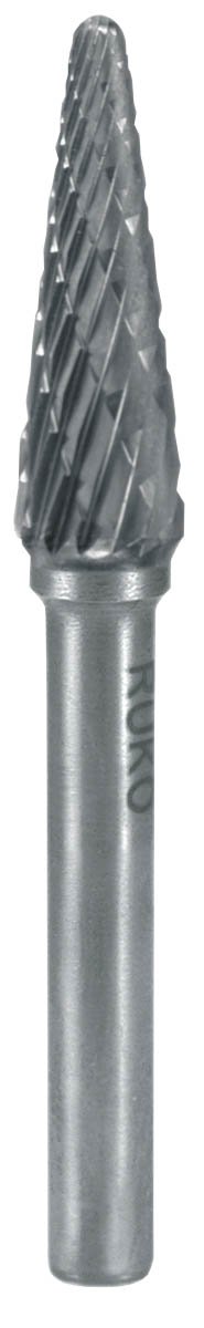 RUKO Tungsten Carbide Rotary Burr with Cross Teething, L Round Cone (KEL) Shape, Bright Finish, 6.0 mm Diameter, 50 mm Length, R116233