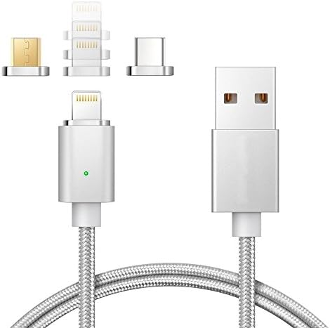 Magnetic USB Type C Cable 3 in 1 Micro USB Cable 3.3ft Nylon Braided charger magnet cord for iphone,Android Phone and Tablets(Silver)