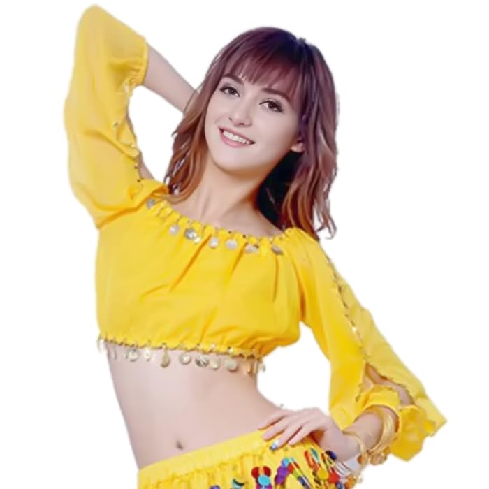 Wuchieal Women's Carnival Stage Performance Tops,Belly Dance Long Sleeves Top,Crop Top with Gold Coins (, One Size, Yellow)
