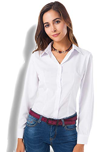 Atnlewhi Womens Basic Long Sleeve Button Down Shirts Simple Pullover Stretch Formal Casual Shirt White