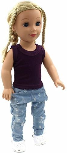 18" American Girl Clothes Purple Tank Top Vest T Shirt Blue Ripped Jeans Cotton Costume Outfit 2 Pcs Set(doll or Shoes Are Not Included)