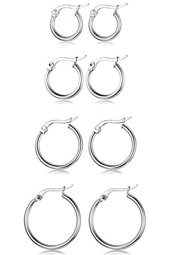 FUNRUN 4 Pairs Stainless Steel Hoop Earrings for Women Men Cute Huggie Earrings Piercing Set Silver-tone 10-20MM