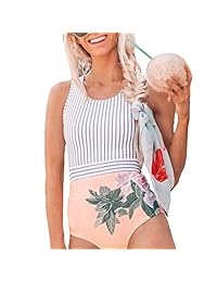 Traje de baño de una pieza con estampado de flores a rayas con monokini de cintura alta y parte superior con tirantes cruzados