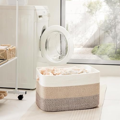 NUIO Canastas Organizadoras, Cesta de Manta Grande 55x43cm, Organizador de Pañales para Bebe, Cesta de Manta de Cuerda de Algodón para Sala de Estar, Lavandería, Guardería, Almohadas (khaki)