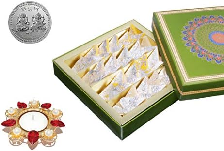 Ghasitaram's - Indian Diwali Festive Gift Box - Diwali Special Mix Kaju Katlis Sweet with Silver Plated Coin and Diwali Designer Diya, Traditional Indian Sweets in Gift Box