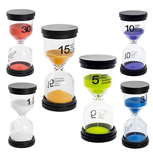 UltraOutlet 6-Pack Hourglass Timer Sand Timers Clock 1min/ 3mins/ 5mins/ 10mins/ 15mins/ 30mins Sand Glass Timers for Kids, Classroom, Game, Brushing Timer, Kitchen, Home, and Office Decorations