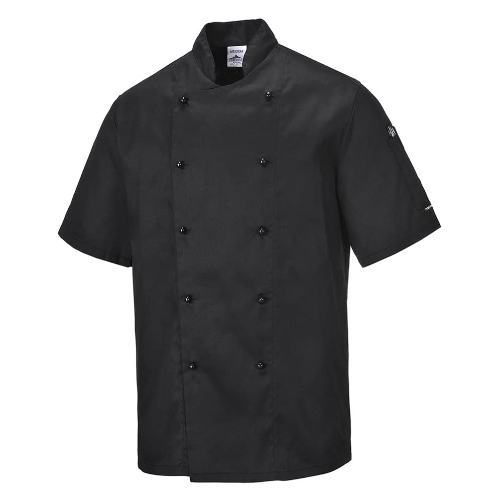 Portwest C734 Mens Whites Chefs Coat Short Sleeve Black, Large