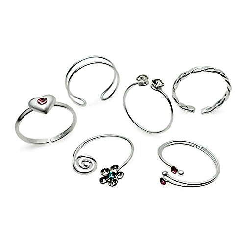 Assorted 925 Sterling Silver Adjustable Toe Rings Silverline Jewelry- Set of 6 for Women, Girls