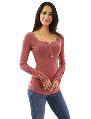 PattyBoutik Women Henley Crochet Lace Inset Long Sleeve Top (Rust X-Small)