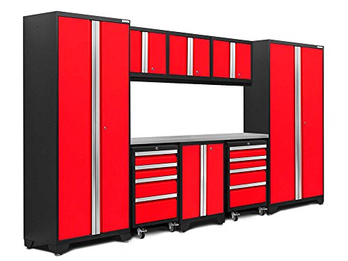 NewAge Products 50607 Bold 3.0 Garage Storage Cabinet Set with Stainless Steel Worktop (9-Piece), Red