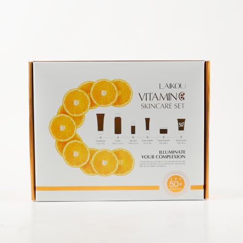 LAIKOU Vitamin C Skin Care Set, 6 Pcs Skincare Kit for Women, with Vitamin C Serum for Face Toner Eye Cream Face Cream Cleanser Sunscreen, Skin Care Gift Set for Women Teenage Girls Mom Daughter