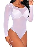 Womens Sexy Long Sleeve Sheer Mesh Corset Bodysuit White Large