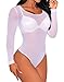 HUUSA Womens Sexy Long Sleeve Sheer Mesh Corset Bodysuit White Medium