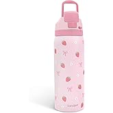 Strawberry Bow Insulated Stainless Steel Water Bottle with Straw for Sports and Travel, 32oz, Gifts for Women Girls Friends Teens Birthday Christmas