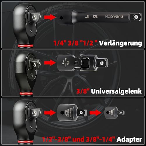 DURAXION 9-piece torque wrench set 1/2 inch, 3/8 inch, 1/4 inch, ±3% error accuracy, 72 teeth, small torque wrench 20-230 Nm, 5-70 Nm, 1-26 Nm, for tyre change, car, bicycle, motorcycle, truck, NKW