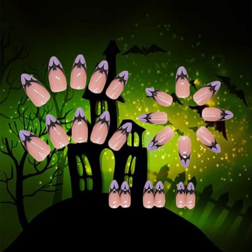 Halloween Bat Press on Nails for DIY Manicure Glossy Purple French Tips 24Pcs Acrylic Medium Almond False Nails Gel Glue on Nails Evil Bats Fake Nails Stick on Nails for Women Girls French Tips Design - Image 2