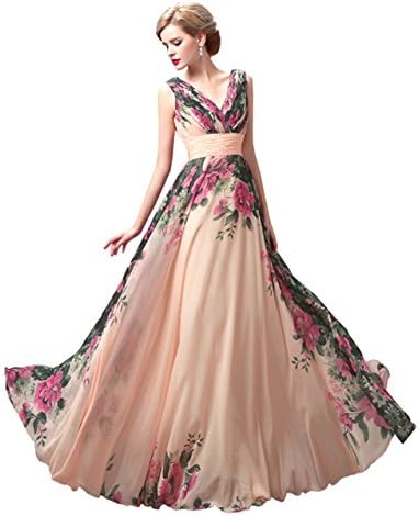 Henglizh Floral Print Graceful Chiffon Bridesmaid Prom Dress for Women,Multi Colored