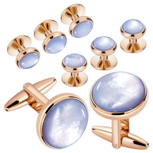 HAWSON Cufflinks and Tuxedo Studs Set for Men with Gift Box, Mother-of-Pearl Cuff links for French Cuff Shirt and Dress Shirt, Suitable for Wedding, Birthday, Party