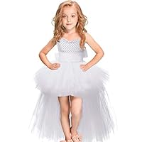 HJTT Girls Tutu Dress with Train Handmade V-Neck Tulle Evening Wedding Birthday Party Dresses for Kids Ball Gown (White, Large)