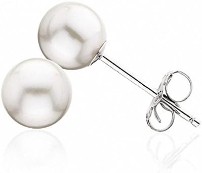 White Round AA Quality Cultured Freshwater Pearl Stud Earrings in 925 Sterling Silver (7-8mm)