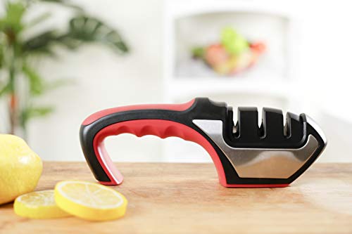 Kebley Chef Kitchen Knife Sharpener, 3 Stage Coated Wheel System, Stainless Steel for Straight Tungsten/Diamond/Ceramic Knives, Black