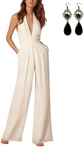 Sitengle Women Sexy Deep V-Neck Open Back Solid Jumpsuit S White