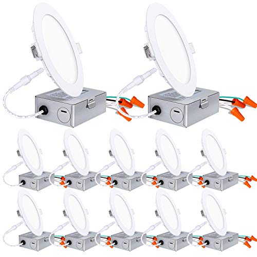 Hykolity 6 Inch LED Recessed Lighting with Junction Box, Smooth Trim, 12 Pack, 12W= 100W, 5000K Daylight, 850lm Dimmable Wafer Light, Canless Soffit Lighting for Shallow Ceiling, ETL (Renewed)