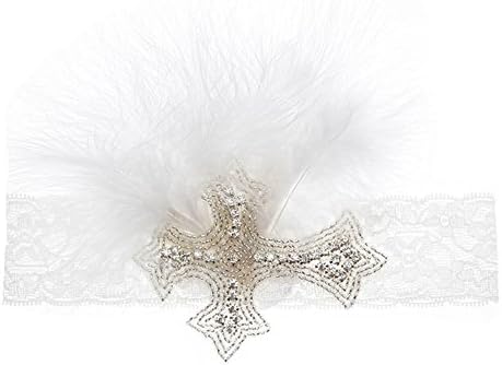 Ikooo Baby baptism headbands Rhinestone feather baby Christening headband for Christening party
