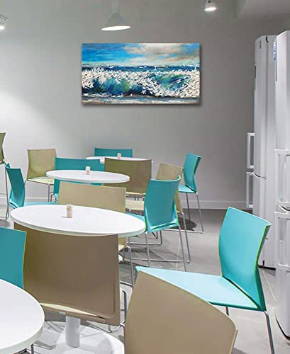 Canvas Wall Art Blue Abstract Seascape Painting Large Size Ocean Waves Single Picture Print, Blue Sky And White Clouds Modern Scenery Sailing Boat In The Ocean Art Frame Living Room Bedroom Home