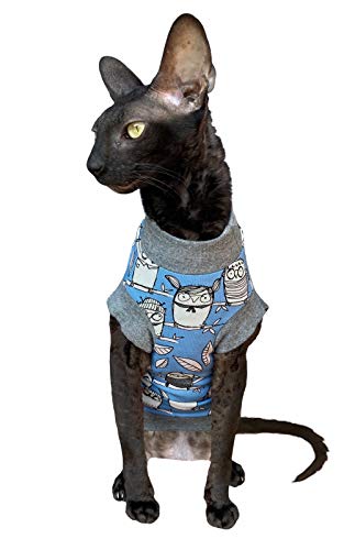Kotomoda Cat's T-shirt Tender Owl Blue for Sphynx and naked cats (M)