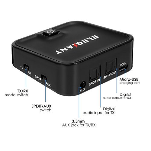 Bluetooth Transmitter Receiver,ELEGIANT apt-X Low Latency 2-in-1 Bluetooth Audio Transmitter Receiver V4.1 with 3.5mm Stereo Output for PC/TV/Car Stereo Audio System/Bluetooth Speakers Headphone - Thumbnail 5