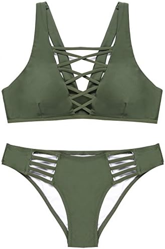 Women's Fashion Olive Cross Bikini Set Beach Bathing Suit (M/US 8-10, Green)