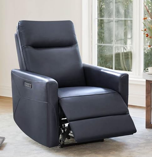 CHITA Genuine Leather Power Recliner Chair for Adults, Electric Wall Hugger Recliner for Small Spaces, Modern Living Room and RV Recliner Chair with Power Headrest & Charging Ports, Dark Blue