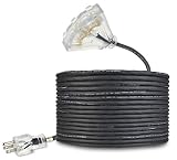 50 FT 16/3 Outdoor Extension Cord - Rubber, Flexible, Triple Outlet, Black Wire with Live Power Light Indicator. 13 Amp