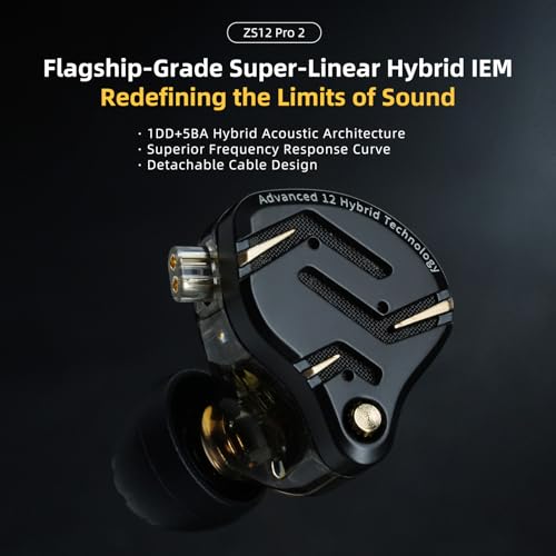 Yinyoo KZ ZS12 Pro 2, Gaming Headphones, USB C Wired Headphones, IEM Gaming Hybrid 1DD + 5BA, Earphones with Microphone 4 EQ Modes, In Ear Monitor for FPS Gamers