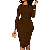 BEAGIMEG Women's Ruched Long Sleeve Elegant Bodycon Basic Casual Midi Dress