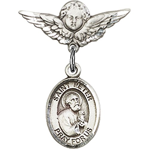 Sterling Silver Baby Badge with St. Peter the Apostle Charm and Angel w/Wings Badge Pin 7/8 X 3/4 inches