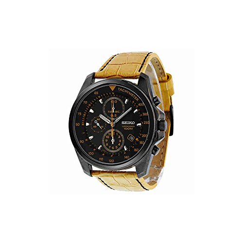 Seiko-Chronograph-Black-Dial-Black-PVD-Tan-Leather-Mens-Watch-SNDD69