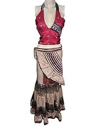 Mogul Interior Womens Wrap Skirt Halter Top Upcycled Silk Printed Ruffle Maxi Dress