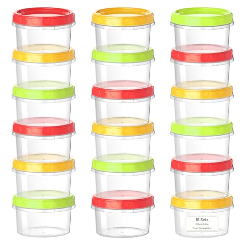 VINATO 18Pcs Food Containers, 250ml Small Plastic Jars with Caps, Set of Plastic Boxes in Red, Green & Orange, Freezer Containers, Stackable