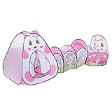 ThinkMax Children Cartoon 3-In-1 Play Tent Tunnel and Ball Pit Combo Toy with Mini Basketball Hoop (Rabbit)